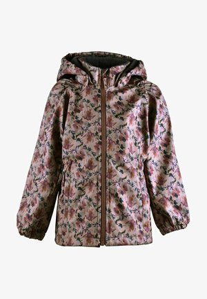 Lillelilledega kapuutsiga jakki, millel on tõmblukk ees, elastsed mansetid ja kaks küljetaskut. Värvid hõlmavad roosat, rohelist ja pruuni tekstuuri viimistlusega.