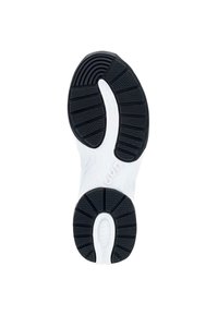 Black rubber outsole with textured grip patterns and a white upper section tapering at the heel, featuring a logo on the side.