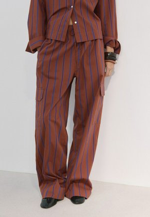 Pantalon cargo marron avec des rayures verticales bleues, associé à une chemise boutonnée assortie et des chaussures noires, vu du milieu du torse jusqu'aux pieds.