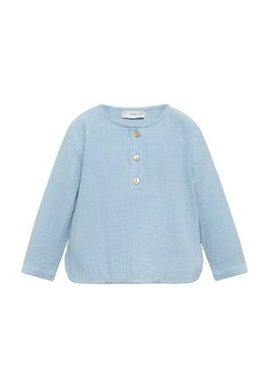 Light blue long-sleeve shirt in textured fabric with a rounded neckline and three-button placket at the front. Straight hem.