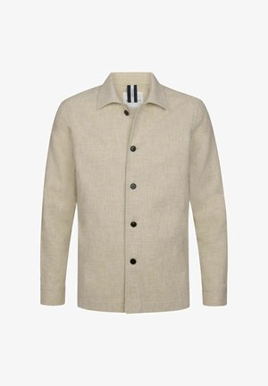 Beige Leinenjacke mit Kragen, vorderer Knopfleiste und langen Ärmeln. Mit dezenter Struktur und dunklen Knöpfen.