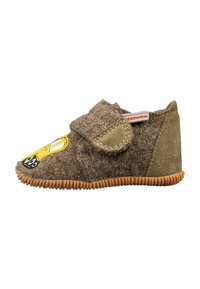 Braunes Filzschuhwerk mit einem Klettverschluss, ausgestattet mit einem gelb und schwarz gestickten Design, beigen Wildlederakzenten und einer strukturierten Gummisohle.