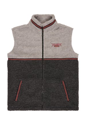 Mouwloos fleecevest met een grijs bovenste helft en een zwarte onderste helft, een rits aan de voorkant, twee zakken en rode stikselaccenten.