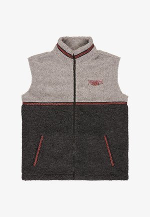Mouwloos fleecevest met een grijs bovenste helft en een zwarte onderste helft, een rits aan de voorkant, twee zakken en rode stikselaccenten.