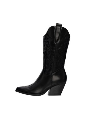 Black cowboy boots with a pointed toe, textured upper, and embroidered design on the shaft. Heeled sole offers a distinctive profile.