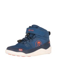 Blue high-top children's shoe with an orange logo, mesh and synthetic upper, a padded collar, elastic laces, and a white rubber sole.