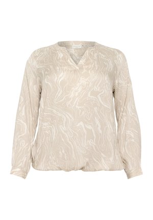 Blouse beige à manches longues avec un décolleté en V et un motif de marbrure blanche abstrait. Tissu doux, coupe décontractée et détails froncés à l'ourlet.