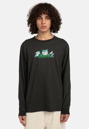 Zwarte lange mouw T-shirt gemaakt van katoen, met een kleurrijk grafisch logo op de voorkant. Losse pasvorm met ronde halslijn en omgeslagen mouwen.