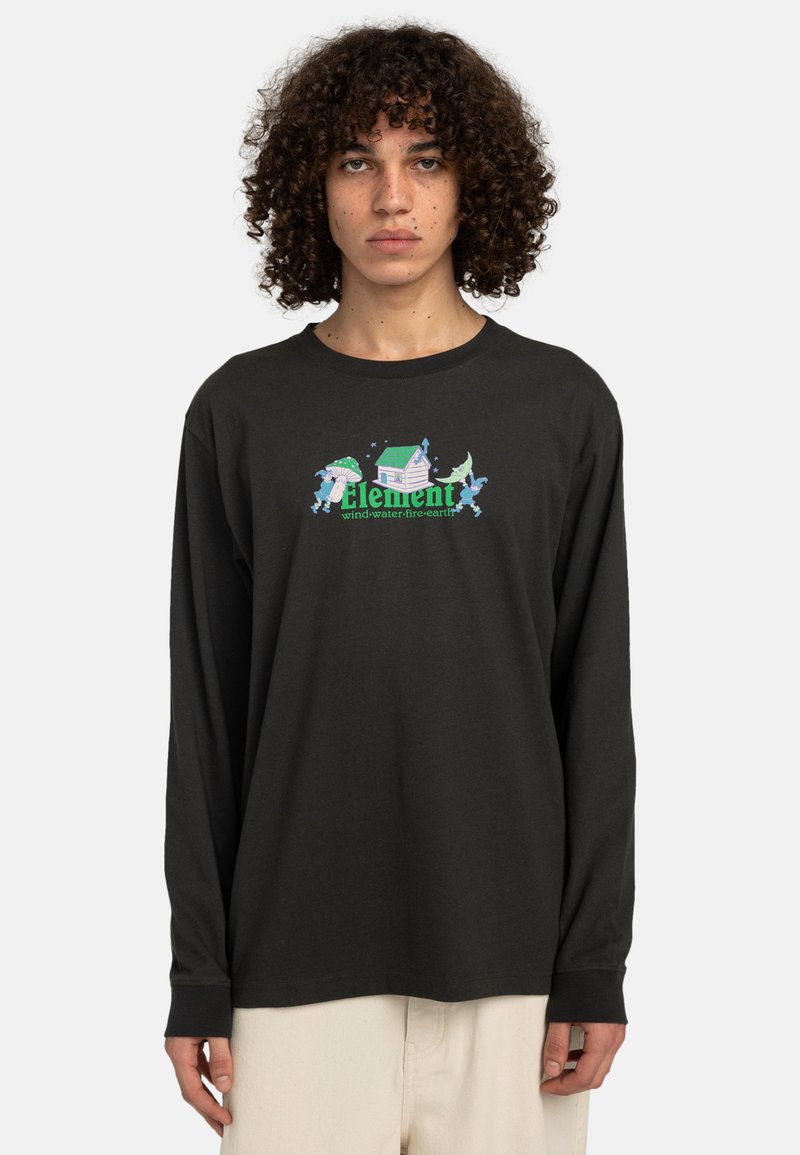 Schwarzes Langarm-T-Shirt aus Baumwolle mit einem bunten grafischen Logo auf der Vorderseite. Lockere Passform mit Rundhalsausschnitt und umgeschlagenen Ärmeln.