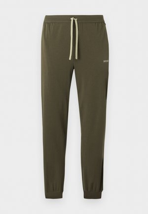 Olivengrønne innsnevrede joggebukser med beige snøring i midjen, elastiske mansjetter og liten "BOSS"-logo på øvre venstre lår.