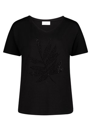 Zwart T-shirt met korte mouwen en V-hals, met een groot gestippeld bladmotief aan de voorkant.
