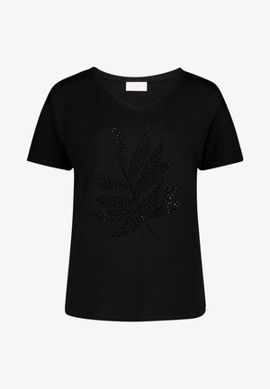 Zwart T-shirt met korte mouwen en V-hals, met een groot gestippeld bladmotief aan de voorkant.