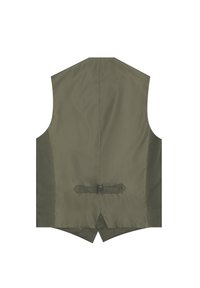 Gilet verde oliva con una texture liscia, design a V e una fascia di regolazione sul retro. Presenta un colore unito e una forma semplice.