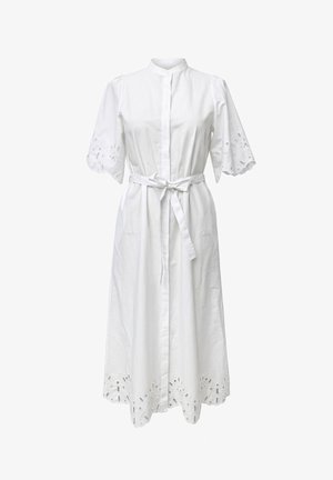 White midi dress with half sleeves, scalloped eyelet lace details on sleeves and hem, front button closure, and fabric belt at waist.