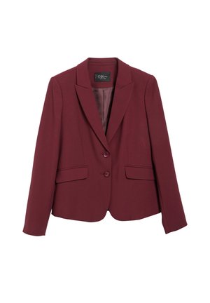 Maronen op maat gemaakte blazer met inkepingsrevers, twee voorste knopen, klepzakken en lange mouwen, getoond op een witte achtergrond.