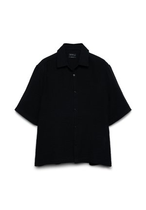 Camicia nera a maniche corte con bottoni e colletto, distesa, vista frontale e chiusura centrale con bottoni.