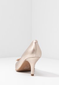 Metallic gold high-heeled shoe with a pointed toe. Features a small, decorative accent on the front. Smooth texture, narrow heel.