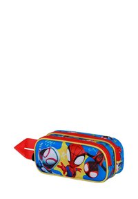 Trousse à crayons sur le thème de Spiderman en tissu bleu, avec des zips rouges, une poignée rouge et des graphismes colorés de personnages à l'extérieur.