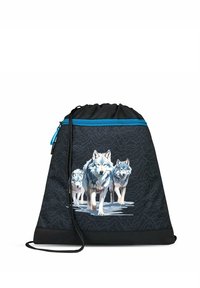 Black drawstring bag with wolf graphic, blue accents, and a textured mountain pattern. Made of durable fabric with a cinched top.