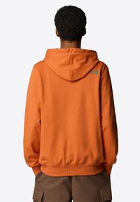Felpa arancione con cappuccio, con polsini e bordo a costine. Presenta un logo in teal sul retro, realizzata in morbido materiale misto cotone.