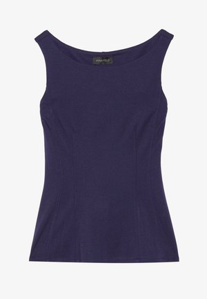 Haut sans manches bleu marine avec un col rond, design ajusté et coutures discrètes. Fabriqué à partir d'un tissu extensible et lisse.