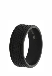Black stainless steel ring with a textured band featuring a diamond-pattern design and smooth edges, highlighting its durable and modern look.