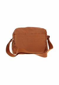 Borsa a messenger in tessuto marrone con superficie texture, zip di chiusura, tracolla regolabile e tasca piatta sul retro. Forma rettangolare compatta.