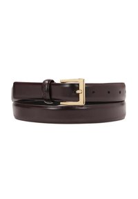 Ceinture en cuir brun avec une texture lisse, dotée d'une boucle en métal doré rectangulaire et de plusieurs trous d'ajustement pour personnaliser la taille.