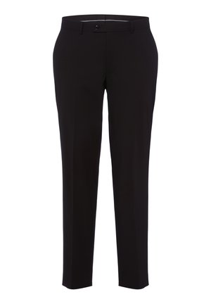 Pantalon noir ajusté slim fit avec passants pour ceinture, fermeture à boutons sur le devant et devant plat.