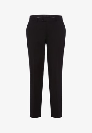 Pantalon noir ajusté slim fit avec passants pour ceinture, fermeture à boutons sur le devant et devant plat.