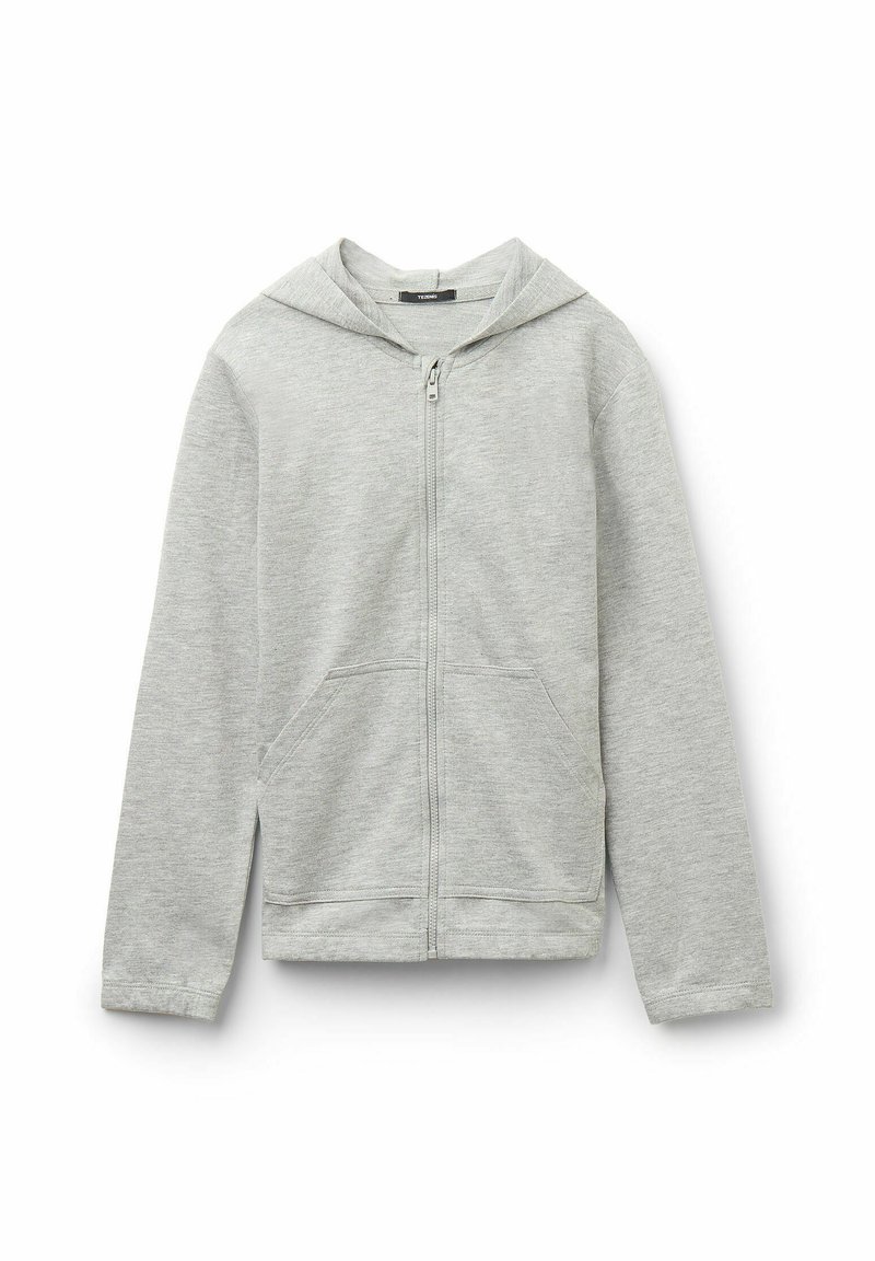 Světle šedá mikina na zip vyrobená z měkké bavlněné směsi, která má kapuci se šňůrkou, přední kapsy a žebrované manžety.