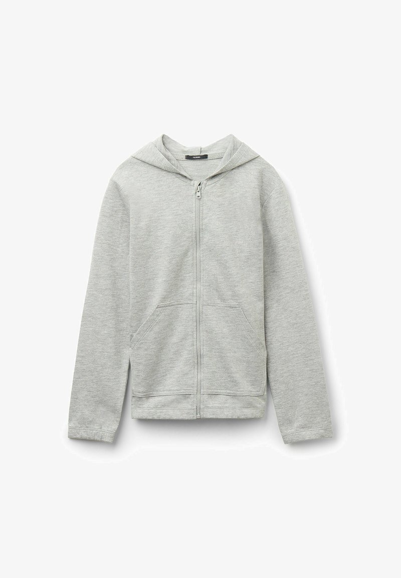 Haut de sweatshirt zippé gris clair en tissu doux en mélange de coton, avec une capuche à cordon de serrage, des poches avant et des poignets côtelés.