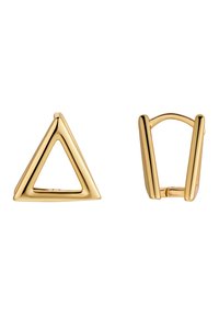 Orecchini in metallo color oro con un design triangolare a sinistra e una forma rettangolare con bordi arrotondati a destra. Finitura liscia.