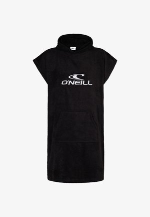 Sort hættehåndklæde poncho lavet af blødt stof med korte ærmer. Har en frontlomme og hvid "O'Neill"-logo trykt på fronten.