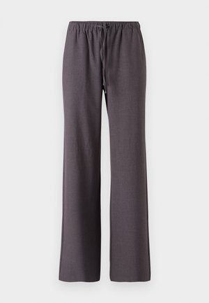 Gray wide-leg pants with an elastic waistband and drawstring. The fabric has a smooth texture and no visible patterns or accents.