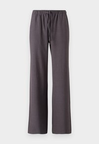 Pantalons larges gris avec une taille élastique et un cordon de serrage. Le tissu a une texture lisse et sans motifs ni accents visibles.
