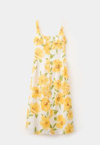 Robe midi blanche sans manches avec imprimé floral jaune et feuilles vertes, à fines bretelles et corsage ajusté.