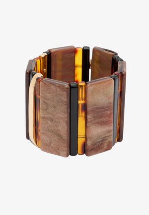 Masywna bransoletka wykonana z prostokątnych segmentów żywicy w odcieniach bursztynu, brązu i czerni. Posiada złoty akcent metalowy oraz gładką powierzchnię.