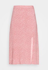 Rosa blommönstrad midi kjol med rak klippning, mjuk textur och sidov slit för rörelse. Platt midjeband utan synlig hårdvara.