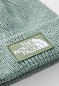 Bonnet en tricot de couleur vert clair avec une finition texturée. Il présente une étiquette rectangulaire portant l'inscription "THE NORTH FACE" en blanc sur un fond vert plus foncé.
