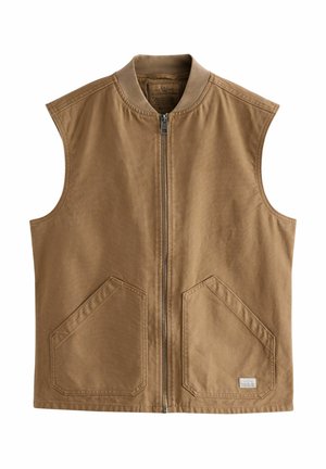Brown sleeveless vest made of durable fabric, featuring a front zipper, two large angled pockets, and a ribbed collar.