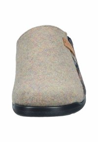Felt slipper with a pastel color blend, round toe, textured surface, and a black rubber sole. Features a leather accent tag on the side.