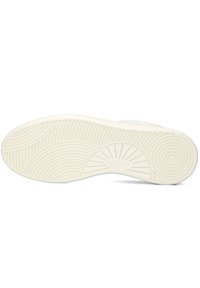 Suola di scarpa in gomma bianca con scanalature texturizzate e motivi curvi; presenta un logo circolare al centro e un design con bordi lisci.