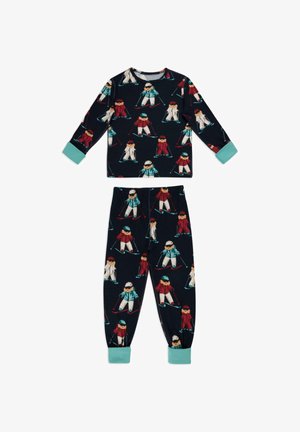 Kinder pyjama set, marineblauwe stof met ski-thema print, lange mouwen top, contrasterende boorden, bijpassende broek met elastische tailleband.