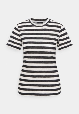 Schwarz-weiß gestreiftes T-Shirt mit kurzen Ärmeln und Rundhalsausschnitt in schmaler Passform vor einem einfarbigen Hintergrund.