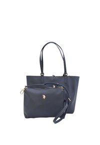 Granatowa skórzana torba na ramię z podwójnymi uchwytami i odpinaną, zamykaną na zamek kieszonką. Złote akcenty i fakturowane wykończenie.