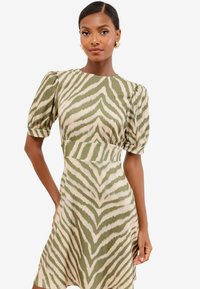 Lyhythihainen mekko vihreä-beige raidallisessa zebra-kuosissa, jossa on istuva ja levenevä siluetti sekä teksturoitu kangas.