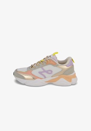 Sneakers with a mix of white mesh, gold accents, and pastel pink, purple, and yellow details. Thick white sole with a wave shape.