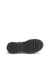 Semelle en caoutchouc noir avec des crampons profonds, présentant des motifs de grip circulaires et rectangulaires. Logo Ecco en relief au centre.