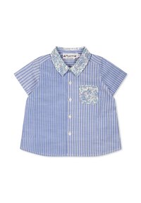 Niebieska koszula w paski z krótkim rękawem, z kolorowym kołnierzykiem w kwiatowy wzór i kieszonką. Materiał jest gładki, z zapięciem na guziki z przodu.